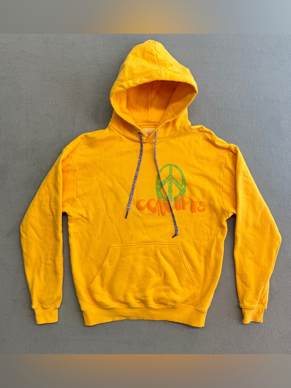 Concepts Hoodie Small Men's Peace Puffy Print Boxy Fit Terry Cotton Yellow USA